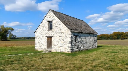 Obraz premium Old Stone House Surrounded by Trees Under a Clear Blue Sky