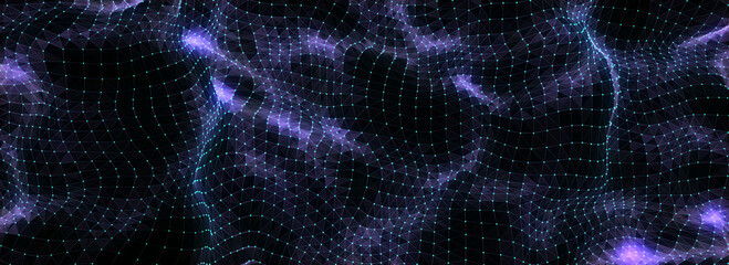 Digital technology wave with top view. Dark cyberspace with colors motion dots and line. Futuristic digital background. Big data analytics. 3d rendering.