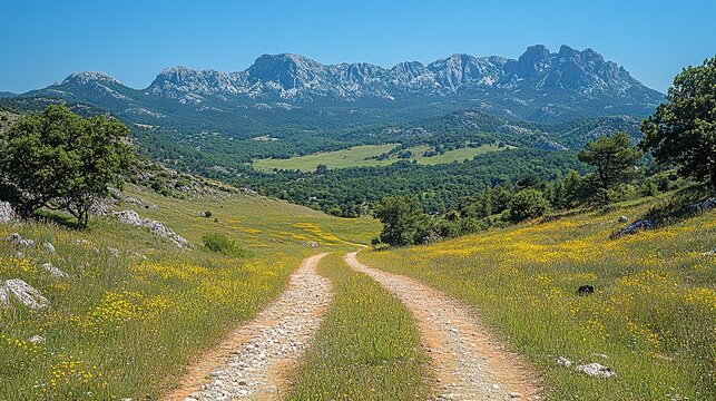Picturesque mountain range vista with winding road and golden field - Powered by Adobe