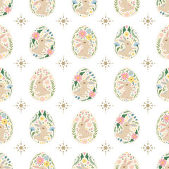 Beautiful vintage easter bunny eggs seamless pattern with floral flower spring garden meadow folk art drawing style for print textile fabric paper background wallpaper wrapping etc