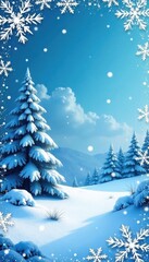 Naklejka premium Icy snowflake border surrounds a serene winter landscape illustration of frosty trees and sparkling snowflakes , icicles, cold weather, winter landscape