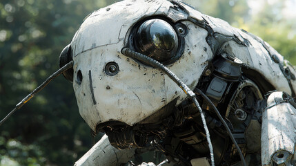 Fototapeta premium A detailed close-up reveals a weathered robotic ant with intricate mechanical details and large multifaceted eyes set against a blurred natural background of lush green foliage.