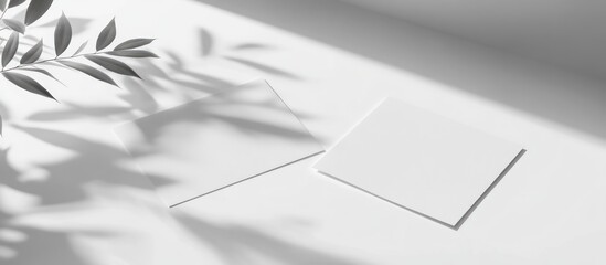Sunlit stationery mockup blank cards & leaf shadows