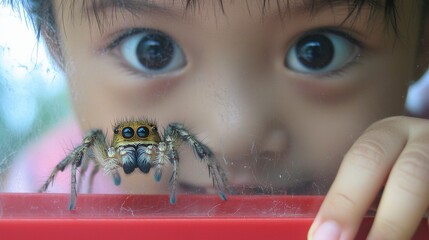 Young Child Observes Spider in Terrarium with Fascination