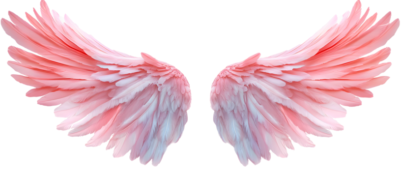 Beautiful realistic symmetrical angel wings. Pastel Pink wings with detailed feathers. Generative AI png with transparent background, clipart.