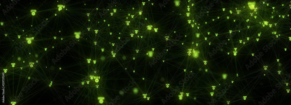 Poster Futuristic backdrop. Network connection structure cyberspace with moving particles and numbers. Big data visualization. Abstract cyber security background in database. 3D rendering.