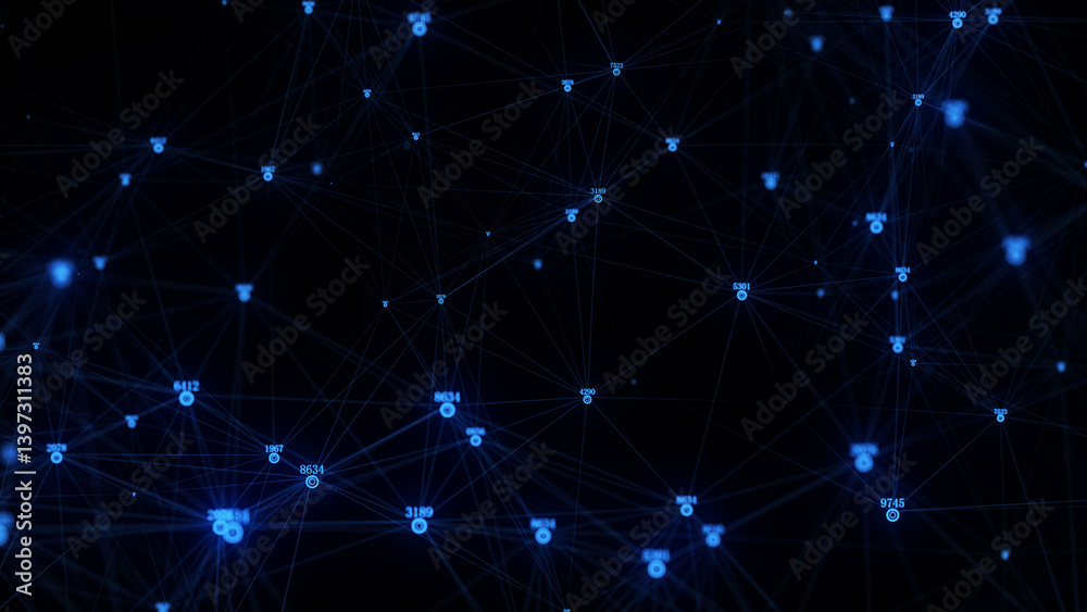 Poster Futuristic backdrop. Network connection structure cyberspace with moving particles and numbers. Big data visualization. Abstract cyber security background in database. 3D rendering.