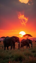 Fototapeta premium Herd of elephants grazing in savannah at sunrise , animal, wildlife