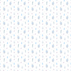 Seamless pattern with blue leaves and dots