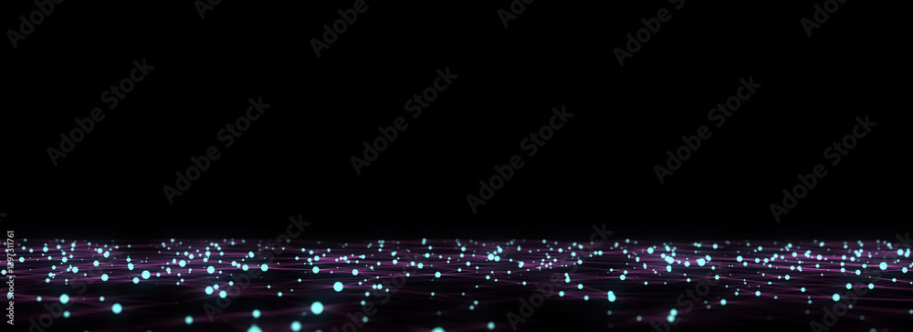 Poster Technology perspective grid background. Digital space wireframe landscape. Dark cyberspace with motion dots and lines. Futuristic digital mesh background. Big data analytics. 3d rendering.