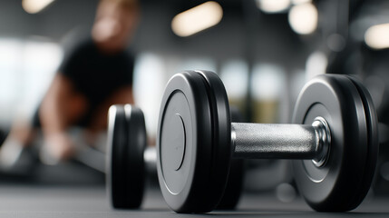 Fototapeta premium Weight training setup with sharp dumbbells and motion-blurred rowing machine workout, dumbbell rack, modern gym, blurred background, rowing machine, gym equipment, weight training, fitness studio, wor