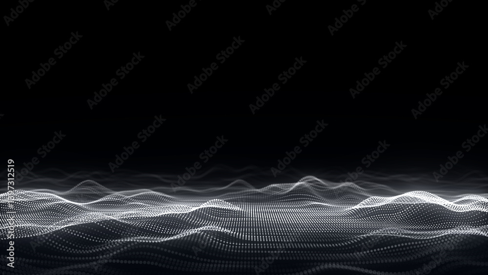 Poster Digital technology wave. Dark cyberspace with motion dots and lines. Futuristic digital background. Big data analytics. 3d rendering.