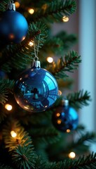 Hanging Blue Glass Ball Ornaments On Christmas Tree , glass, tree