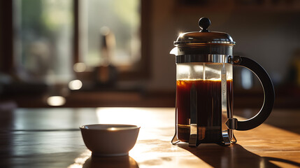 A vintage French press coffee maker sits on a wooden counter