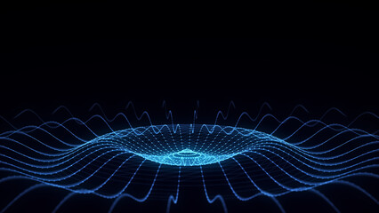 Abstract music sound wave. Dark cyberspace with moving particles. Futuristic circle wave with digital database. Big data analytics. 3d rendering.