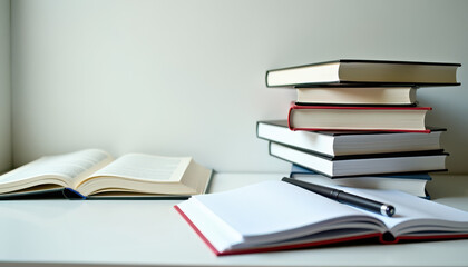 Books Stack. Study scene with stacked books and open journal on clean surface
