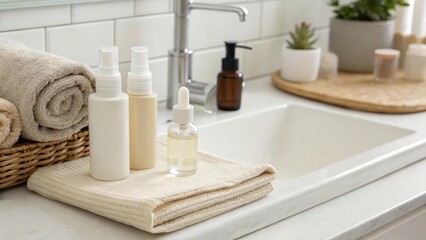 Modern bathroom setup with skincare products and neatly arranged towels.