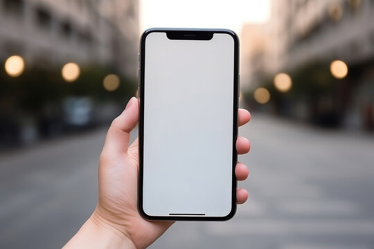 smartphone with empty screen in female hands on the street