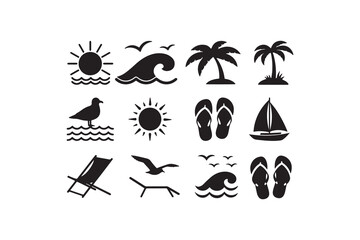 Beach and Summer Silhouette Icons Set Tropical Vacation Silhouette Illustrations