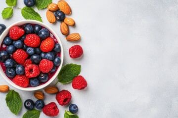 Fresh berries and almonds in a white bowl arrangement