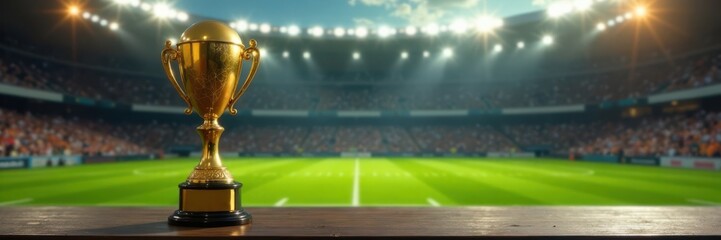 Golden American football trophy on table with football field background, victory, football