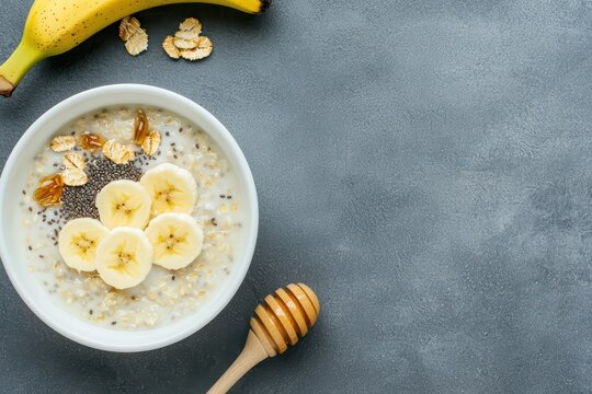 Healthy oatmeal bowl with banana and honey drizzle