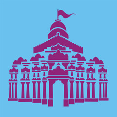 Hindu Temple Vector Illustration with Flag on Blue Background

