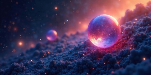 Glowing, iridescent orbs suspended in space amidst shimmering silver stars and dark matter-like textures, ethereal, stardust, astral