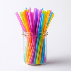 Colorful Plastic Straws in a Clear Jar Against a Minimalist Background Perfect for Fun and Vibrant Party Decor