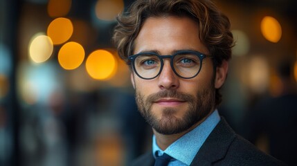 Stylish man in glasses. Blurry, warm background. Soft, handsome features