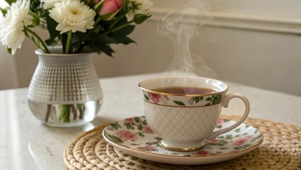 Elegant tea cup with steam beside a flower vase on a table.