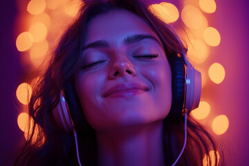 Woman Enjoys Music, Headphones, Lights, Bokeh, Peaceful, Relaxed, Serene, Calm, Night, Bliss