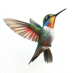 Fototapeta premium Colorful Hummingbird in Mid-Flight Showcasing Vibrant Feathers with Intricate Patterns Against a Soft White Background