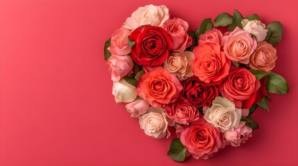 Naklejka premium Heart-Shaped Arrangement of Roses on Vibrant Red Background