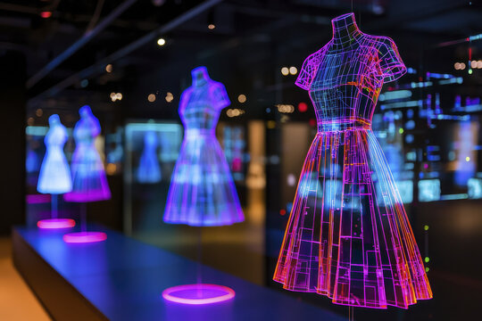 Innovative fashion display featuring holographic dresses in vibrant colors, showcasing modern design and technology