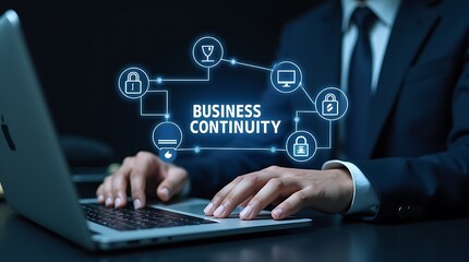 Business continuity management concept. Business Continuity with icons strategy, risk assessment, and operational planning. Background, business continuity planning and resilience in managing disrupti