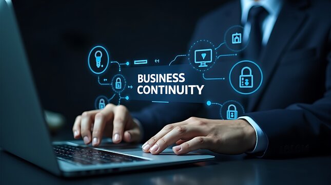 Business continuity management concept. Business Continuity with icons strategy, risk assessment, and operational planning. business professional engrossed in their work