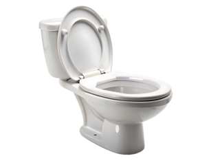 White ceramic toilet with the lid open against a plain black background on transparent background