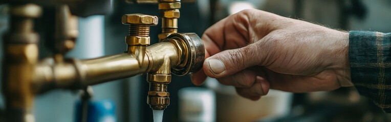 Brass Pipe Fitting - Close-up of Leaking Joint in Plumbing Repair