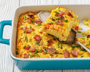 fresh corn pudding casserole in a baking dish