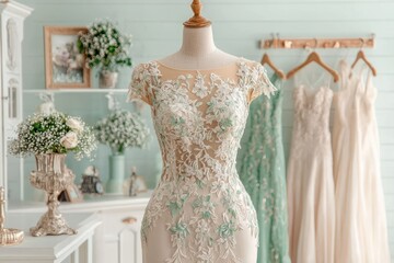 Obraz premium Exquisite Wedding Dress Displayed on Mannequin in a Bridal Boutique, Delicate Embroidery, Soft Colors, Floral Arrangement
