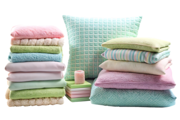 Stacks of folded towels and pillows in pastel colors against black background on transparent background