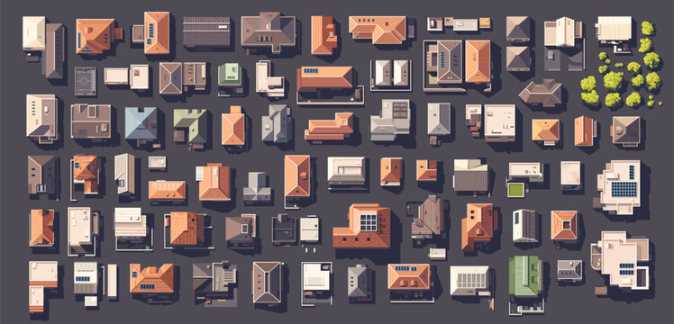 Top view city set with different houses, buildings, trees. Vector illustration eps10. Realistic landscape builder. Cartoon flat style. View from above. Roofs with solar panels.