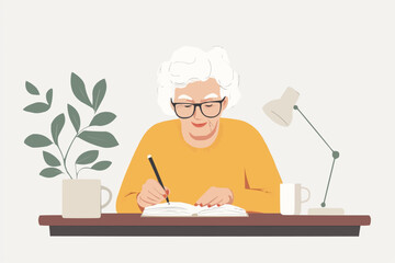 Flat vector illustration of elderly woman writing notes at home desk, minimal modern interior, glasses, tea mug beside notebook, editable layout for wellness, education, or lifestyle apps