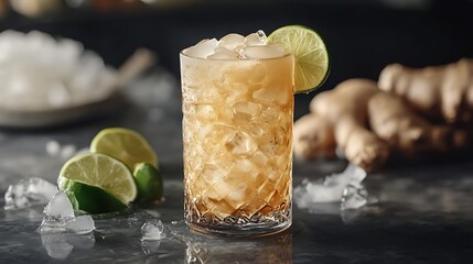 refreshing cocktail with ginger beer and lime over ice representing cold citrus beverage perfect for summer parties bar menus and cool drink enjoyment
