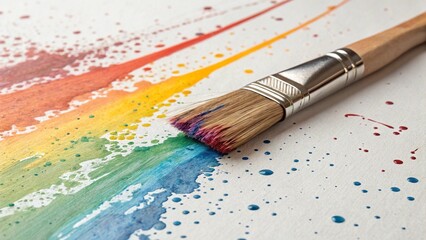 Obraz premium A paintbrush creating a rainbow spectrum of paint strokes and splatters on white paper. 