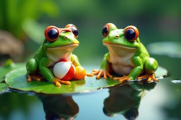 Naklejka premium Frogs sitting on a lily pad in the water with sunglasses and beach balls, summer, lily pad