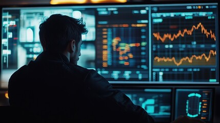 Cybersecurity Analyst Analyzing Data on Multiple Screens