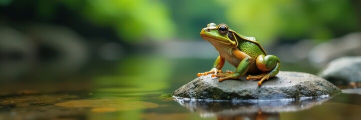 Fototapeta premium Frog sitting on a river rock, tranquility, serenity