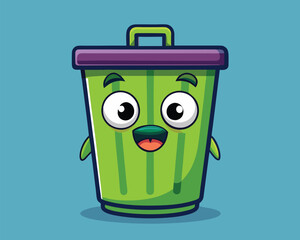 Cute Green Trash Can Cartoon Character Illustration
